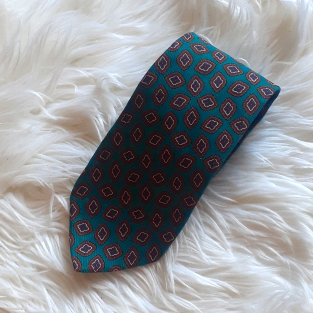 Vtg Burberry Pure Silk Teal Patterned Tie/Cravatte